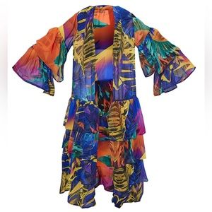 Multi Tropical Sunset Frilly Beach Kimono